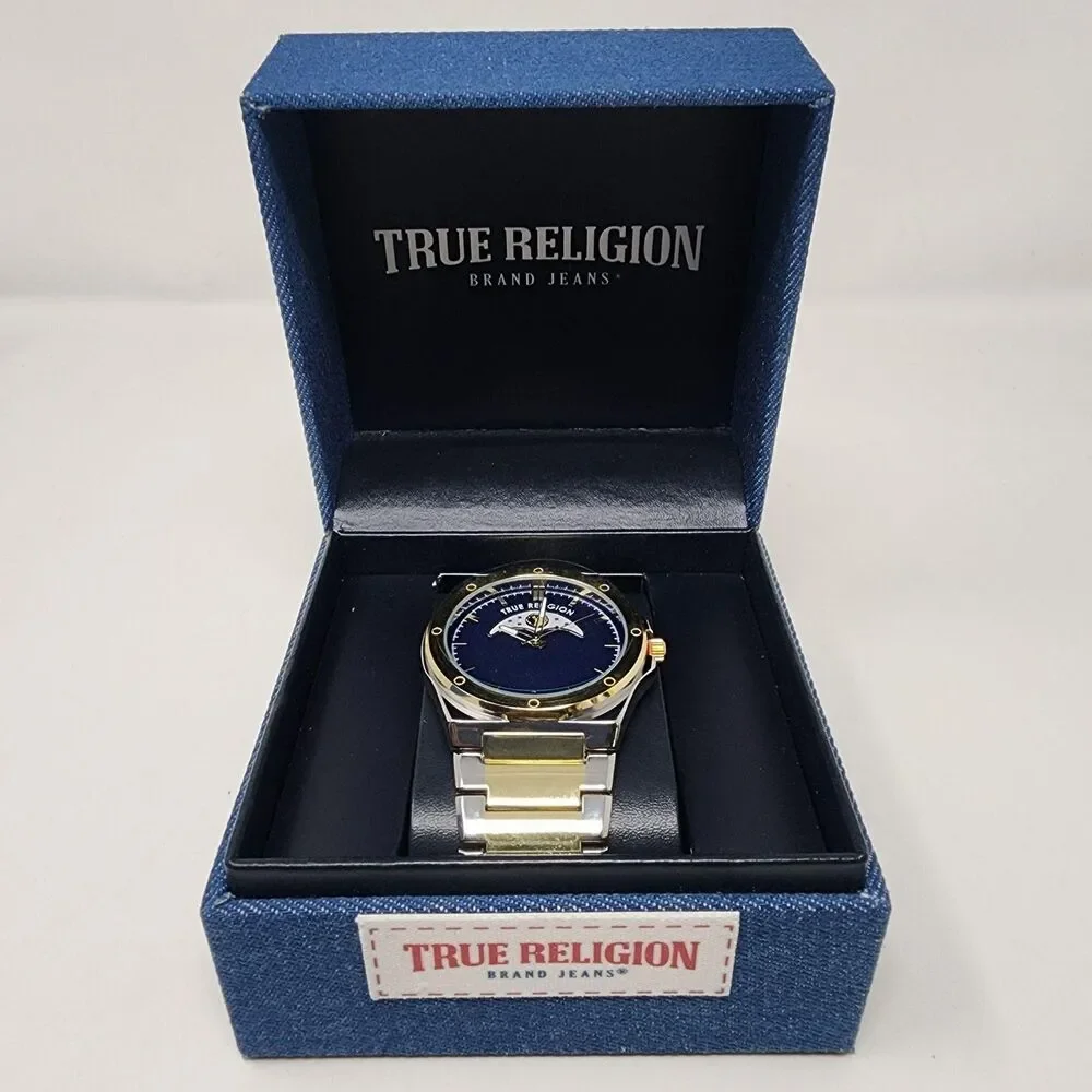 True Religion Watch Blue Dial Gold Bezel Two Tone Mens Analog Bracelet Boxed